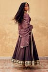Shop_Kharakapas_Wine Linen, Kota Doria Embroidery, Lace, Patti Round Saanjh Lehenga Set _at_Aza_Fashions