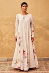 Buy_Kharakapas_Off White Cotton Mul Printed Floral Round Contrast Dress _at_Aza_Fashions