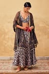 Buy_Kharakapas_Grey Chanderi Block Printed Floral V-neck Lehenga Set _at_Aza_Fashions