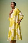 Dressfolk_Yellow Chanderi V-neck Komal Floral Pattern Dress _Online_at_Aza_Fashions