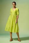 Buy_Dressfolk_Green Chanderi Embroidery V-neck Floral Print Midi Dress _Online_at_Aza_Fashions
