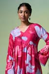 Dressfolk_Pink Chanderi V-neck Floral Print Midi Dress _Online_at_Aza_Fashions