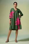 Buy_Dressfolk_Green Cotton, Linen V-neck Dark Floral Print Midi Dress_at_Aza_Fashions