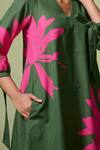 Dressfolk_Green Cotton, Linen V-neck Dark Floral Print Midi Dress_at_Aza_Fashions