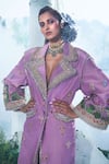 Label Ankush Jain_Purple Trench Coat Pure Raw Silk Embroidery Fountain And Flared Pant Set _Online_at_Aza_Fashions