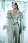 Buy_Label Ankush Jain_Green Trench Coat Tissue Embroidery Zari Notched Lapel Horse Applique Set _Online_at_Aza_Fashions