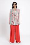 DOH TAK KEH_Red Bemberg Twill Satin Print Mumbai Railway Local Embroidered Blazer _Online_at_Aza_Fashions