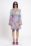 DOH TAK KEH_Blue Bemberg Twill Satin Print Crystal Lapel Collar Pan Masala Blazer Dress _Online_at_Aza_Fashions