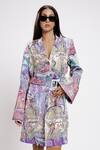 Buy_DOH TAK KEH_Blue Bemberg Twill Satin Print Crystal Lapel Collar Pan Masala Blazer Dress _Online_at_Aza_Fashions