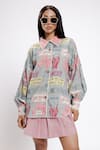 Shop_DOH TAK KEH_Grey Rayon Flex 130 Gsm Print Bantai Collar Pearl Embroidered Oversized Shirt _Online_at_Aza_Fashions