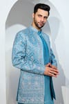 Shop_Chatenya Mittal_Blue Silk Blend Embroidery Ambrosia Bloom Long Bundi Kurta Set _Online_at_Aza_Fashions