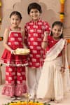 Shop_LIL DRAMA_Red Jamyaver Printed Cambric Fabric And Lurex Striped Lehenga With Blouse 