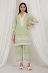 Buy_Label Muslin_Green Cotton Lace V-neck Avocado Embroidered Kurta With Pant _at_Aza_Fashions