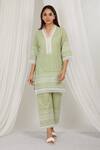 Buy_Label Muslin_Green Cotton Lace V-neck Avocado Embroidered Kurta With Pant _Online_at_Aza_Fashions