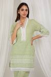 Label Muslin_Green Cotton Lace V-neck Avocado Embroidered Kurta With Pant _at_Aza_Fashions
