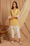 Buy_Label Muslin_Beige Cotton Embroidered Thread Geometric Kurta With Pant _at_Aza_Fashions