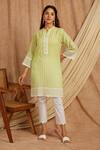 Buy_Label Muslin_Green Cotton Embroidery Collared Thread Kurta With Pant _at_Aza_Fashions