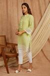 Buy_Label Muslin_Green Cotton Embroidery Collared Thread Kurta With Pant _Online_at_Aza_Fashions