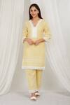 Buy_Label Muslin_Yellow Cotton Lace, Embroidery V-neck Scalloped Kurta With Pant _at_Aza_Fashions