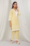 Label Muslin_Yellow Cotton Lace, Embroidery V-neck Scalloped Kurta With Pant _at_Aza_Fashions
