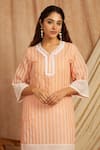 Label Muslin_Peach Cotton Embroidered Thread Leaf Kurta With Pant _at_Aza_Fashions