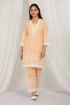 Buy_Label Muslin_Orange Cotton Embroidery Asymmetric Papaya Kurta With Pant _Online_at_Aza_Fashions