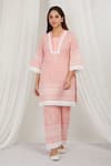 Buy_Label Muslin_Pink Cotton Embroidery Asymmetric Strawberry Kurta With Pant _at_Aza_Fashions