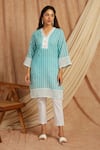 Buy_Label Muslin_Blue Cotton Embroidery V-neck Kurta And Pant Set _at_Aza_Fashions