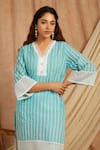 Shop_Label Muslin_Blue Cotton Embroidery V-neck Kurta And Pant Set _Online_at_Aza_Fashions