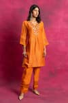 Neitri_Orange Raw Muga Silk Embroidered Leaf Vine V Neck Kurta And Pant Set _at_Aza_Fashions