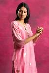 Neitri_Pink Chiffon, Silk Embroidery V-neck Sajgaar Kurta And Pant Set _at_Aza_Fashions