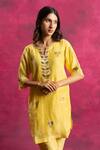 Buy_Neitri_Yellow Chiffon, Silk Embroidery V-neck Sajgaar Lotus Motif Kurta And Pant Set _Online_at_Aza_Fashions