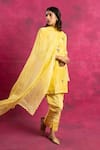 Buy_Neitri_Yellow Chiffon, Silk Embroidery V-neck Sajgaar Lotus Motif Kurta And Pant Set _at_Aza_Fashions