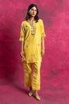 Shop_Neitri_Yellow Chiffon, Silk Embroidery V-neck Sajgaar Lotus Motif Kurta And Pant Set _at_Aza_Fashions