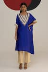 Neitri_Blue Chanderi Silk, Chiffon Split V-neck Apsara Yoke Design Kaftan Pant Set _Online_at_Aza_Fashions