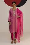 Buy_Neitri_Fuchsia Tissue Embroidered Zari Notched Kamalika Floral Kurta Pant Set _at_Aza_Fashions