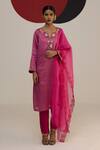 Neitri_Fuchsia Tissue Embroidered Zari Notched Kamalika Floral Kurta Pant Set _Online_at_Aza_Fashions