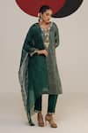 Buy_Neitri_Green Tissue Embroidery, Zari Split V-neck Madhubala Kurta Pant Set _at_Aza_Fashions