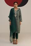 Neitri_Green Tissue Embroidery, Zari Split V-neck Madhubala Kurta Pant Set _Online_at_Aza_Fashions