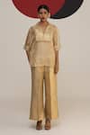 Buy_Neitri_Beige Tissue Embroidered Tassels Collared Samaira Kurta Pant Set _at_Aza_Fashions