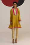 Buy_Neitri_Yellow Chanderi, Brocade Fringe Split V-neck Saanjh Yoke Kurta And Pant Set _at_Aza_Fashions