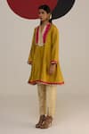 Neitri_Yellow Chanderi, Brocade Fringe Split V-neck Saanjh Yoke Kurta And Pant Set _Online_at_Aza_Fashions
