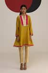 Buy_Neitri_Yellow Chanderi, Brocade Fringe Split V-neck Saanjh Yoke Kurta And Pant Set _Online_at_Aza_Fashions