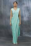Khwaab By Sanjana Lakhani_Blue Saree And Blouse Lycra & Jacket Soft Pre-draped With Long _Online_at_Aza_Fashions