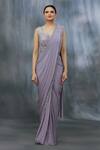 Khwaab By Sanjana Lakhani_Purple Lycra Beads And Mirror, Sequin Leaf Pre-draped Saree With & Work Blouse_Online_at_Aza_Fashions