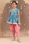 Buy_LIL DRAMA_Blue 100% Cotton Print Floral Butti Bud Peplum Kurta With Dhoti Pant _at_Aza_Fashions