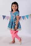 LIL DRAMA_Blue 100% Cotton Print Floral Butti Bud Peplum Kurta With Dhoti Pant _Online_at_Aza_Fashions