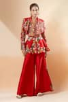 Buy_Anamika Khanna_Red Embroidered Floral Collar Peplum Top And Flared Pant Set _at_Aza_Fashions