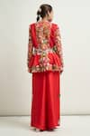 Shop_Anamika Khanna_Red Embroidered Floral Collar Peplum Top And Flared Pant Set _at_Aza_Fashions