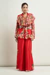 Anamika Khanna_Red Embroidered Floral Collar Peplum Top And Flared Pant Set _Online_at_Aza_Fashions